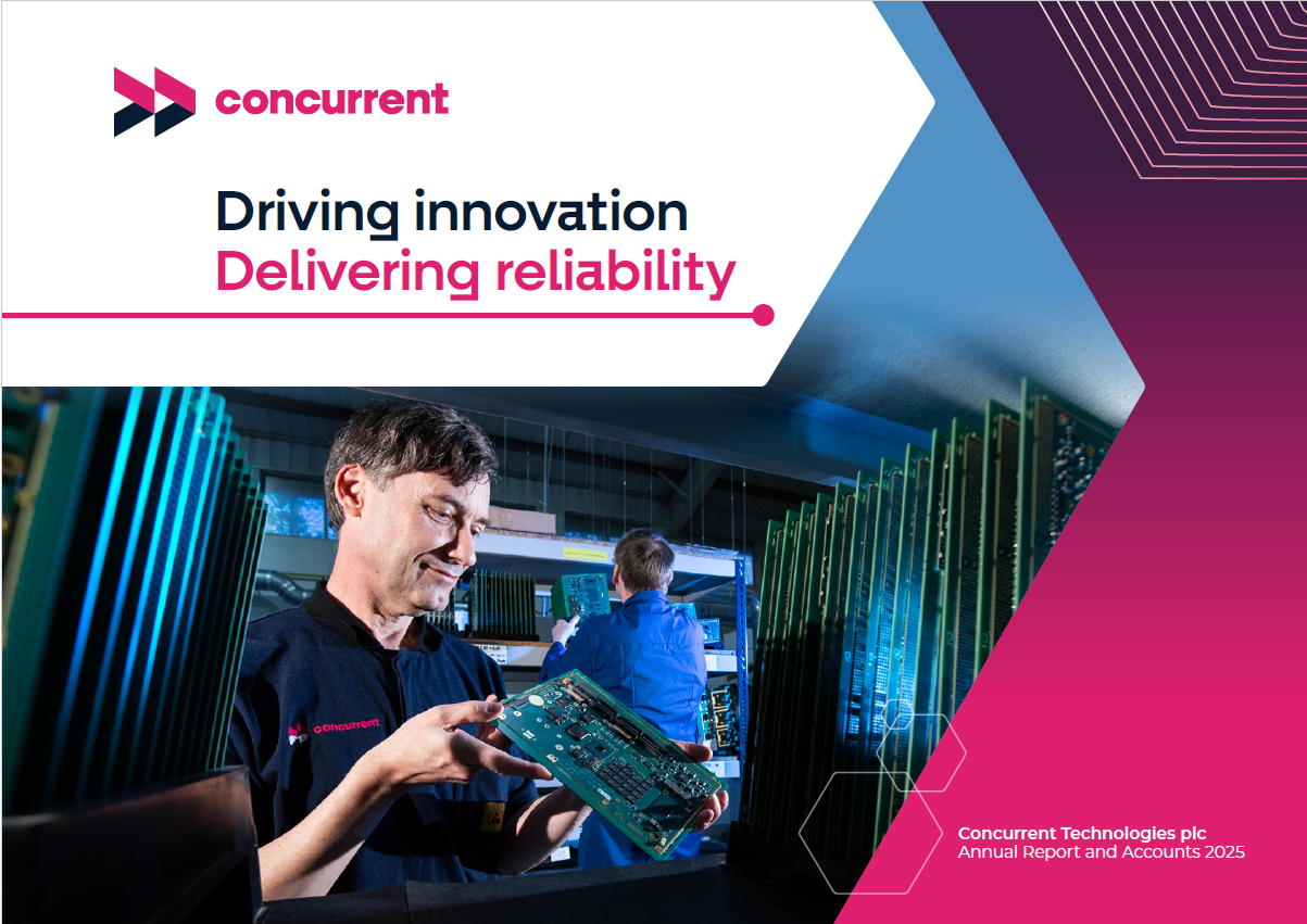 Man inspecting a circuit board in a tech facility, with text: "Driving innovation, Delivering reliability". Concurrent Technologies Annual Report 2025.